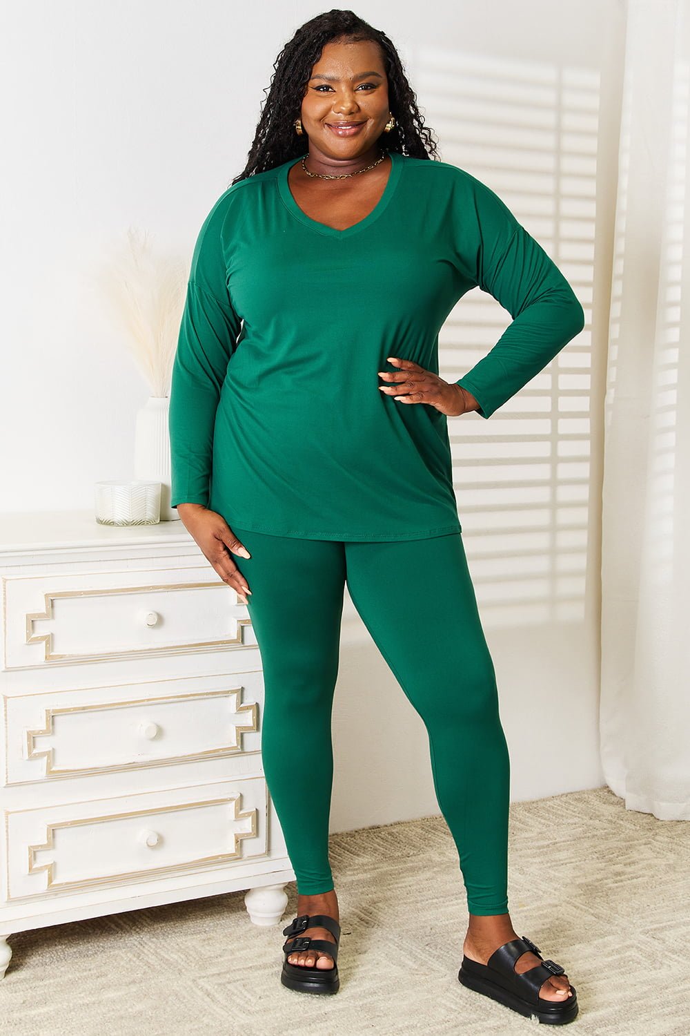 Zenana - Long Sleeve Top and Leggings Set in Dark Green