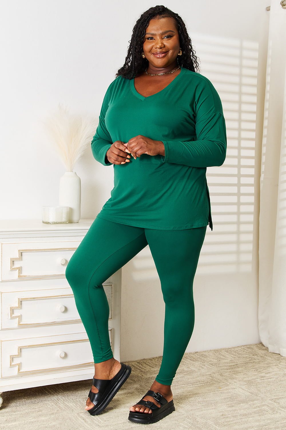 Zenana - Long Sleeve Top and Leggings Set in Dark Green