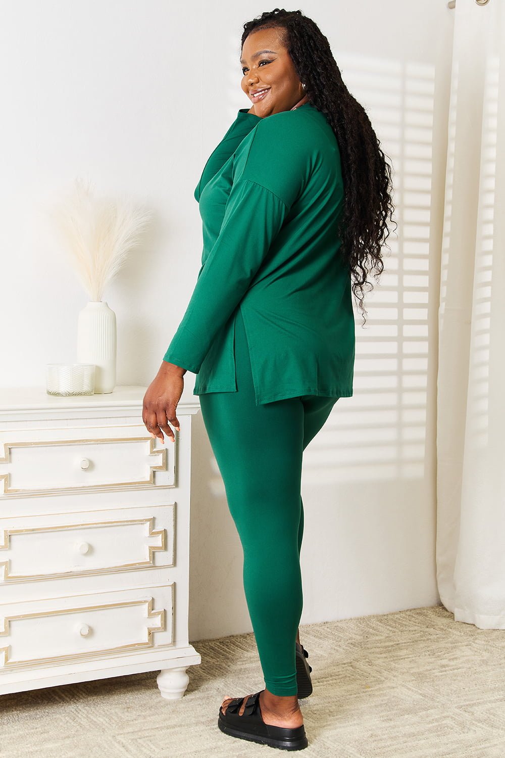 Zenana - Long Sleeve Top and Leggings Set in Dark Green