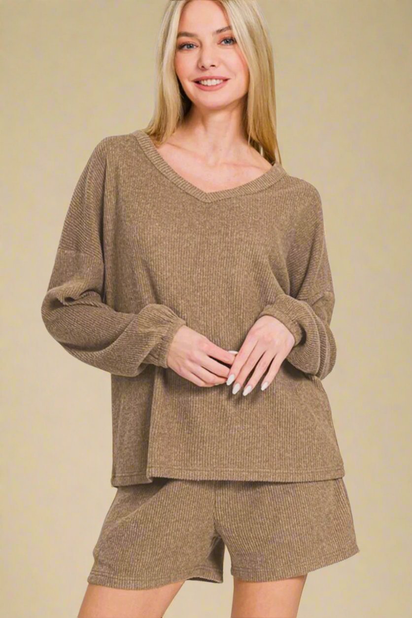 Zenana - Long Sleeve Top and Shorts Set in Camel