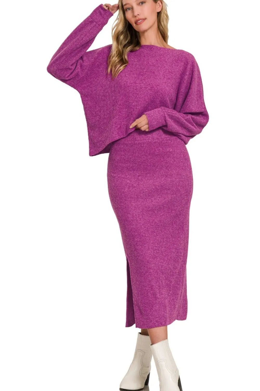 Zenana - Magenta Knit Top & Midi Skirt Set