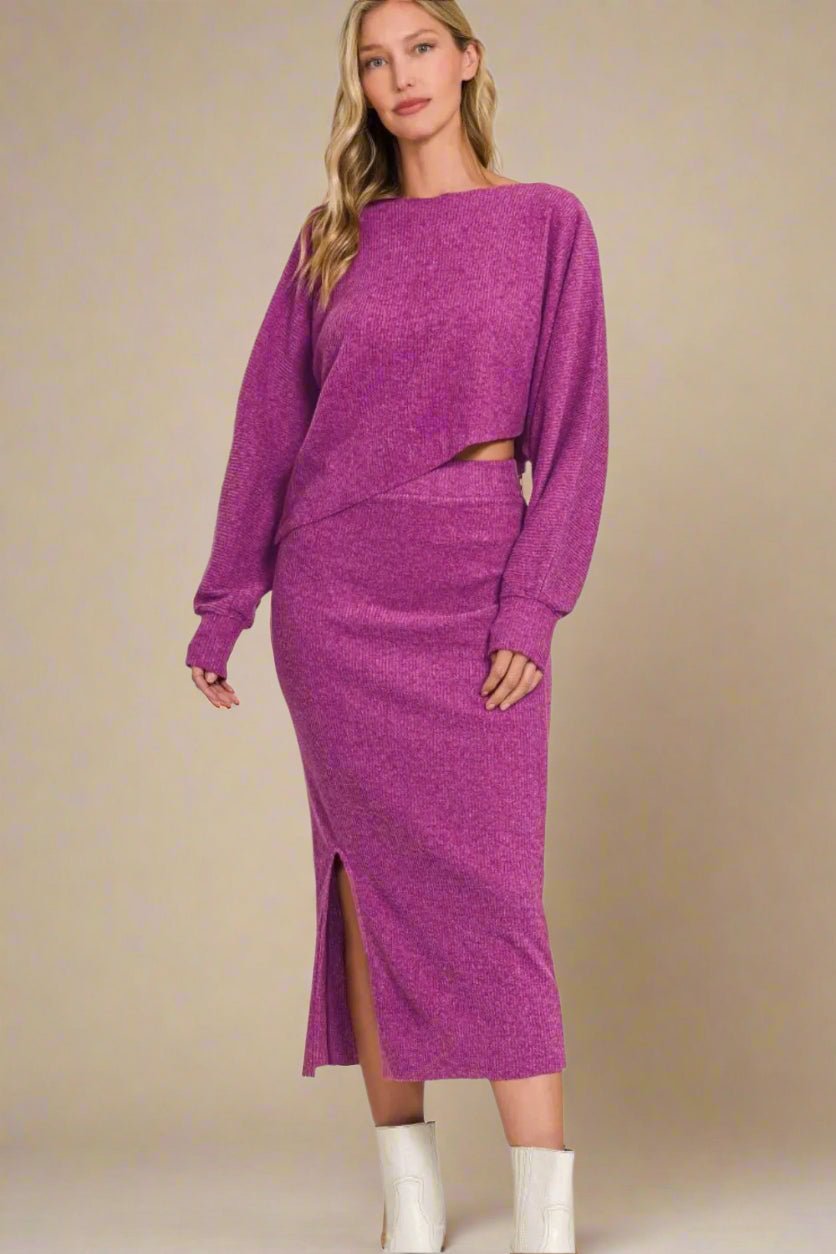 Zenana - Magenta Knit Top & Midi Skirt Set