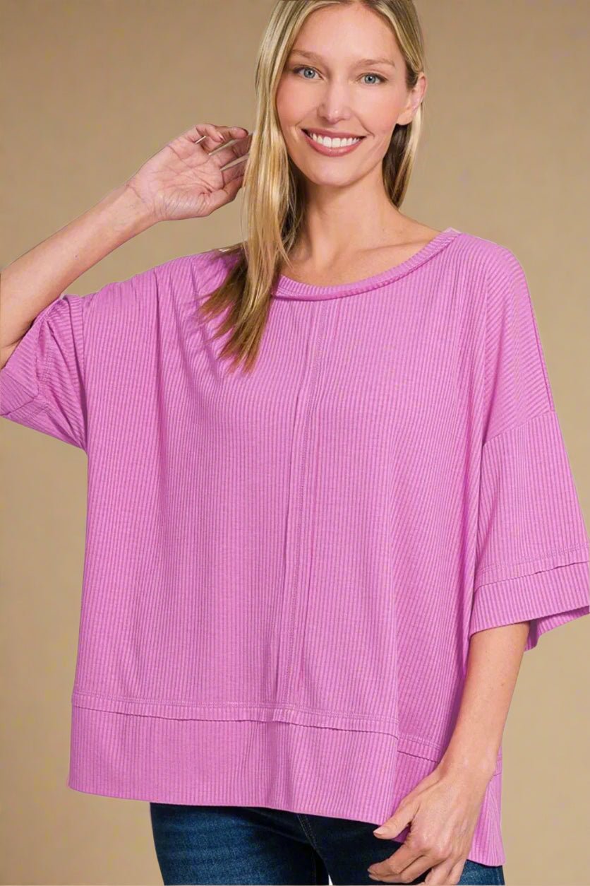 Zenana - Magenta Rib Knit Oversized Top