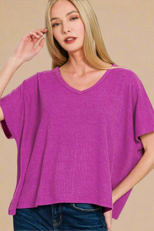 Zenana - Magenta Rib Knit V - Neck Knit Top