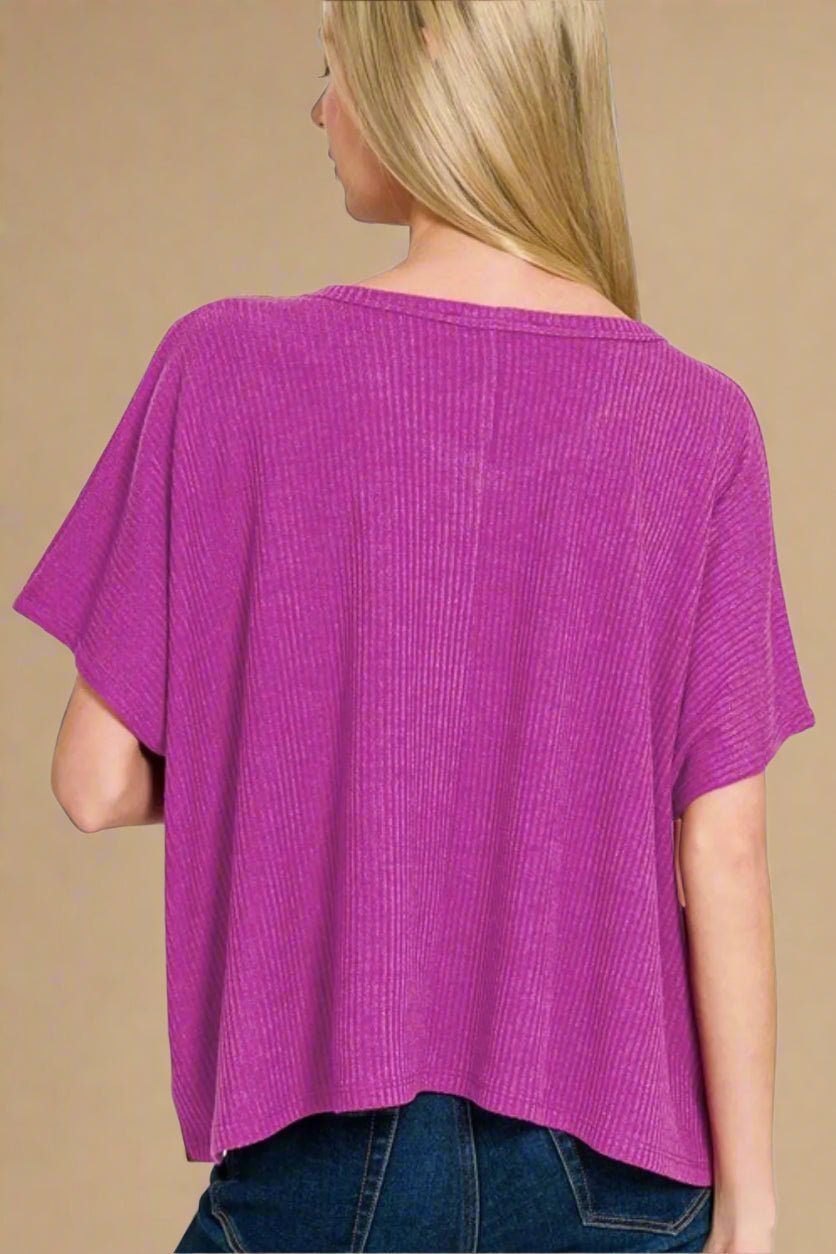 Zenana - Magenta Rib Knit V - Neck Knit Top