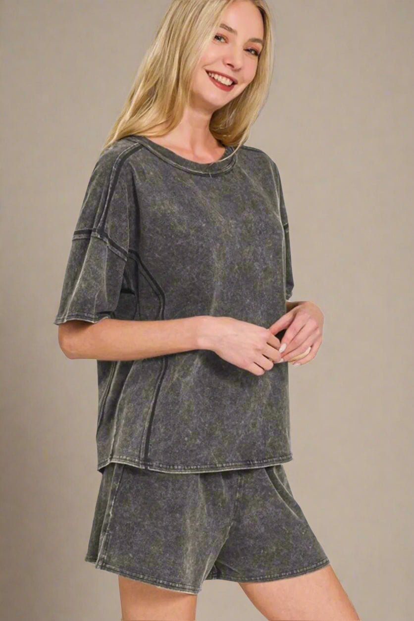 Zenana - Mineral Wash Oversized Tee & Shorts Set in Faded Black