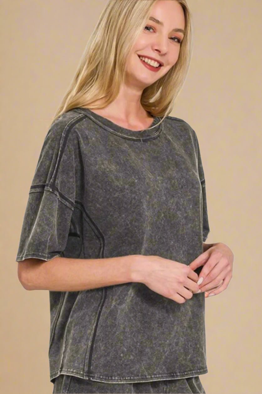 Zenana - Mineral Wash Oversized Tee & Shorts Set in Faded Black