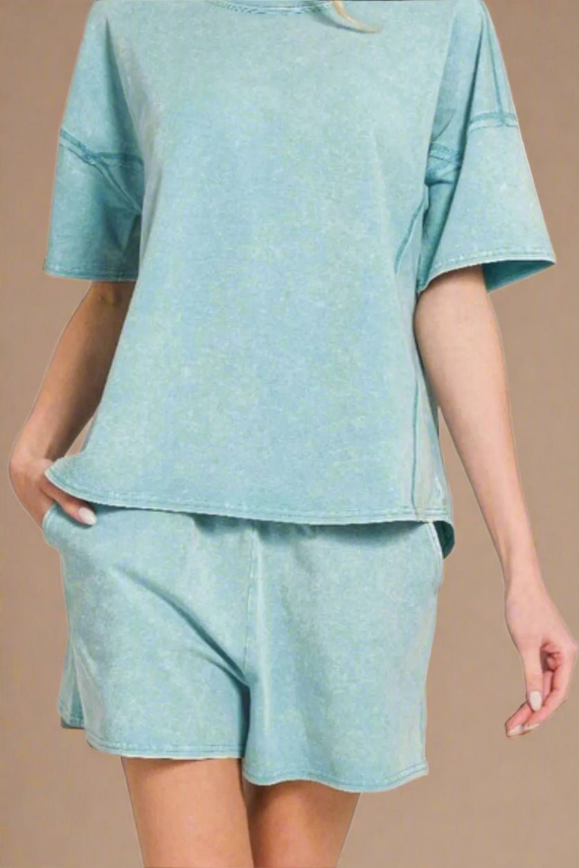 Zenana - Mineral Wash Oversized Tee & Shorts Set in Soft Chambray Blue