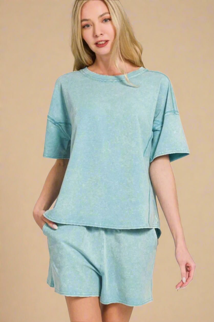 Zenana - Mineral Wash Oversized Tee & Shorts Set in Soft Chambray Blue