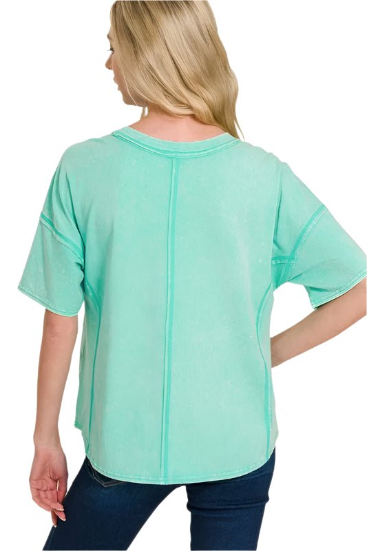 Zenana - Mineral Wash Tee and Shorts Set in Aqua Green