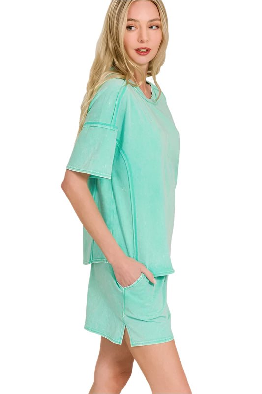 Zenana - Mineral Wash Tee and Shorts Set in Aqua Green