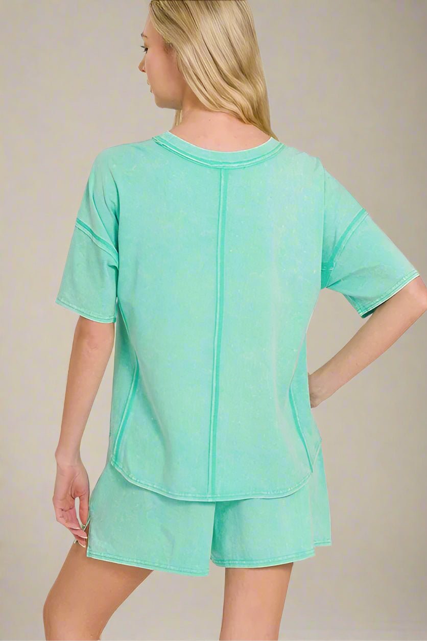 Zenana - Mineral Wash Tee and Shorts Set in Aqua Green