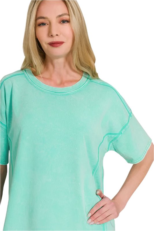 Zenana - Mineral Wash Tee and Shorts Set in Aqua Green