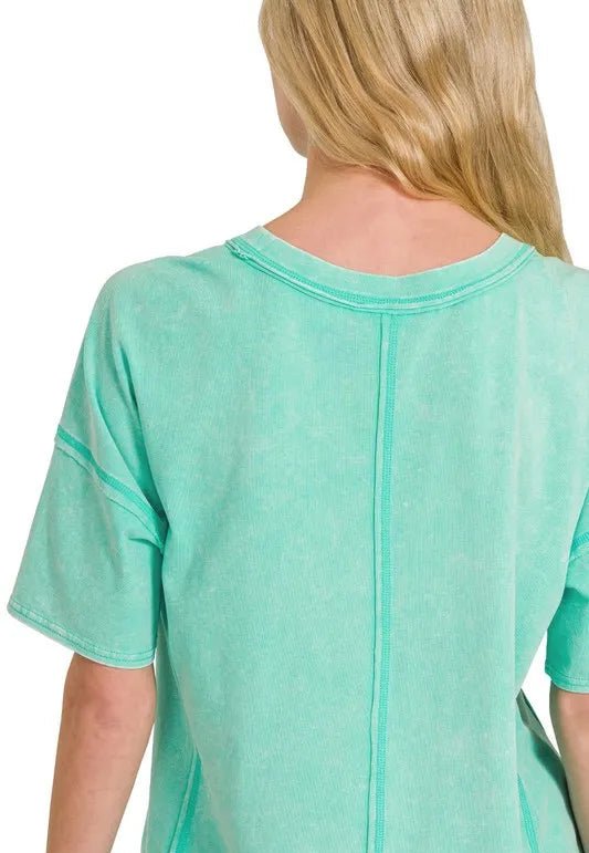 Zenana - Mineral Wash Tee and Shorts Set in Aqua Green