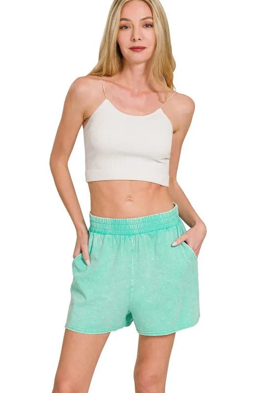 Zenana - Mineral Wash Tee and Shorts Set in Aqua Green