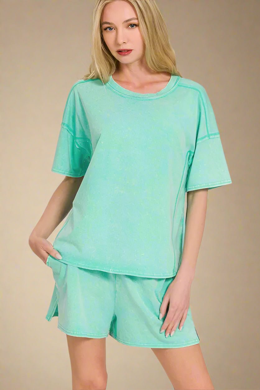 Zenana - Mineral Wash Tee and Shorts Set in Aqua Green
