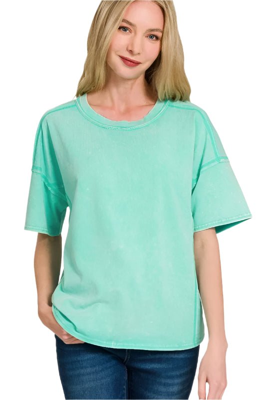 Zenana - Mineral Wash Tee and Shorts Set in Aqua Green