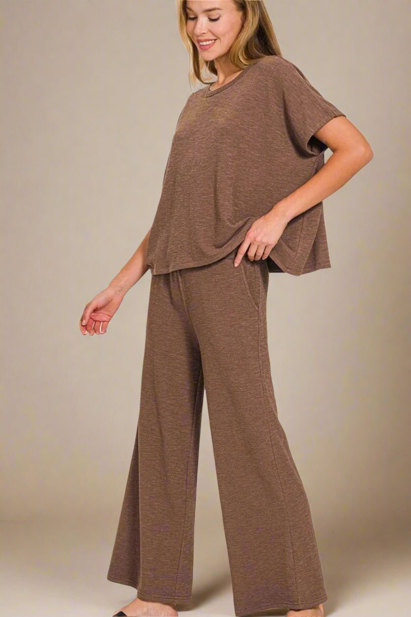 Zenana - Mocha Brown Short Sleeve Top and Wide Leg Pants Set