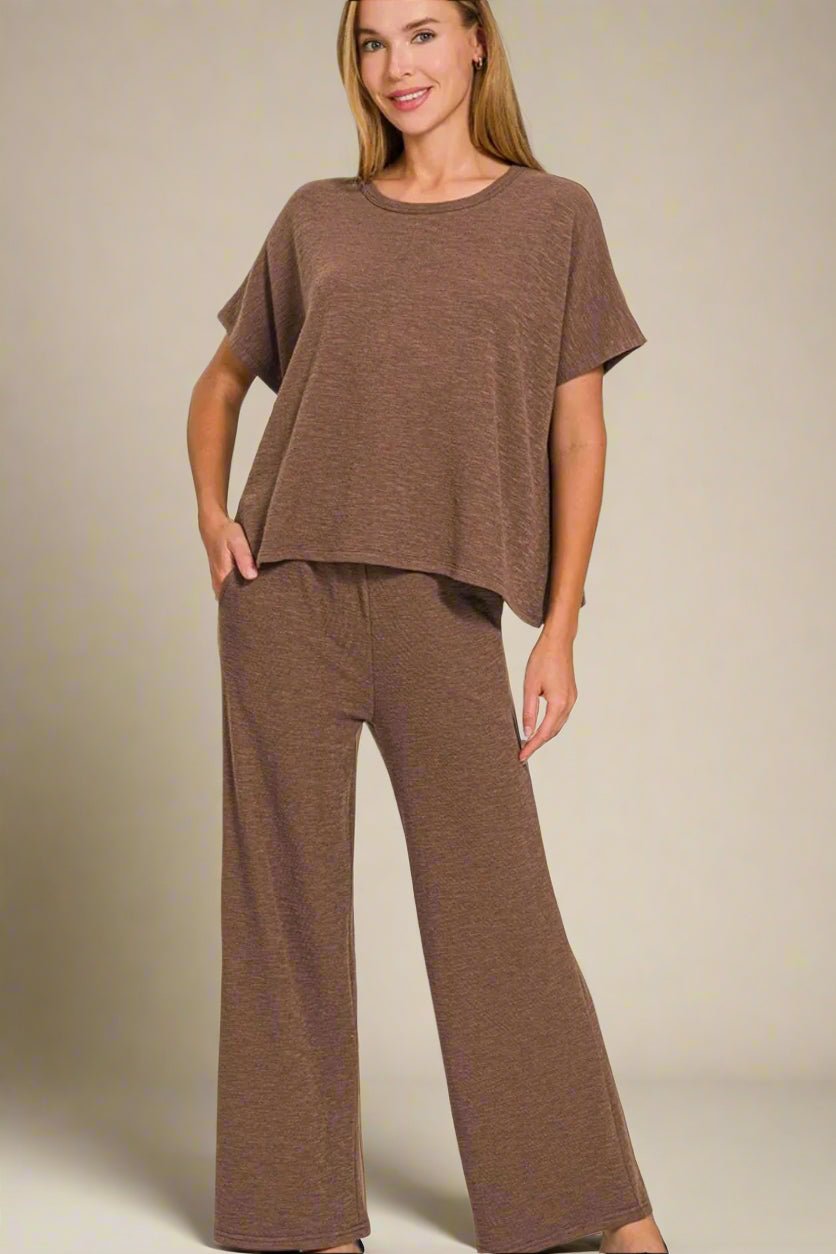 Zenana - Mocha Brown Short Sleeve Top and Wide Leg Pants Set