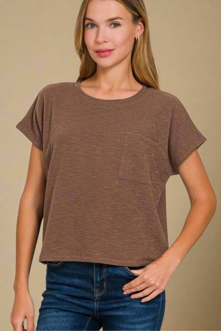 Zenana - Mocha Slub Knit Pocket Tee