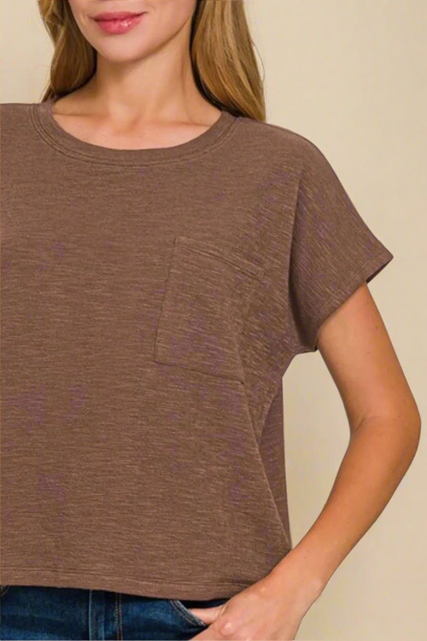 Zenana - Mocha Slub Knit Pocket Tee