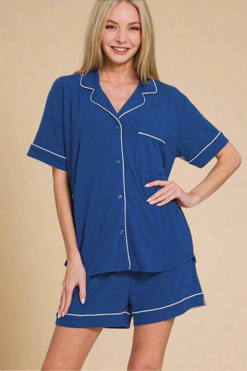 Zenana - Navy Button Down Top & Shorts Lounge Set