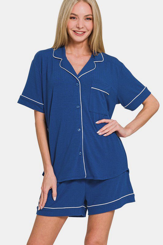 Zenana - Navy Button Down Top & Shorts Lounge Set