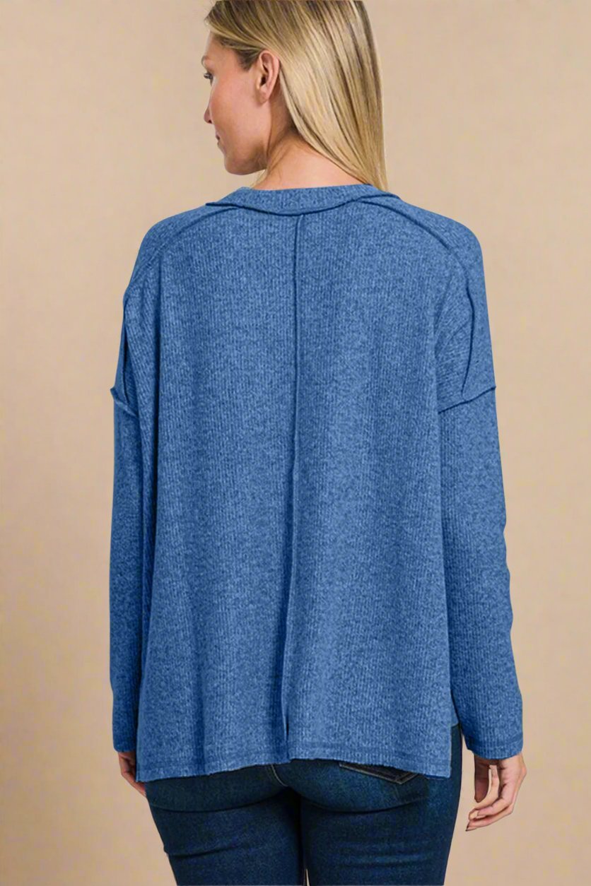 Zenana - Navy Exposed Seams Brushed Sweater