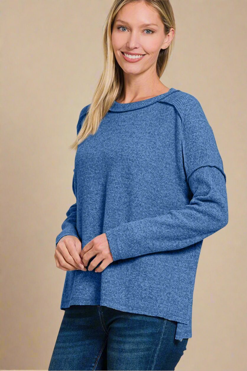 Zenana - Navy Exposed Seams Brushed Sweater