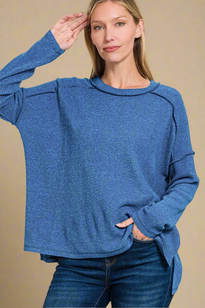 Zenana - Navy Exposed Seams Brushed Sweater