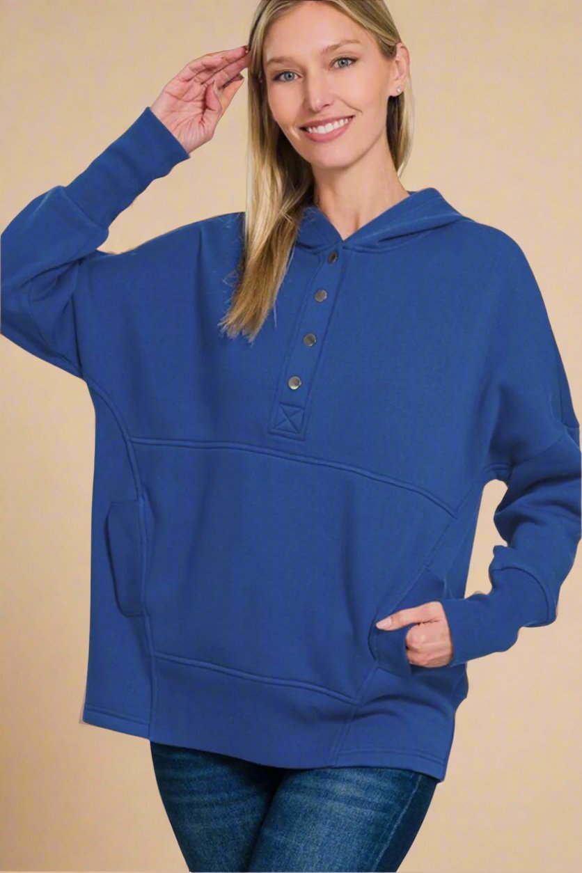 Zenana - Navy Half Snap Long Sleeve Hoodie