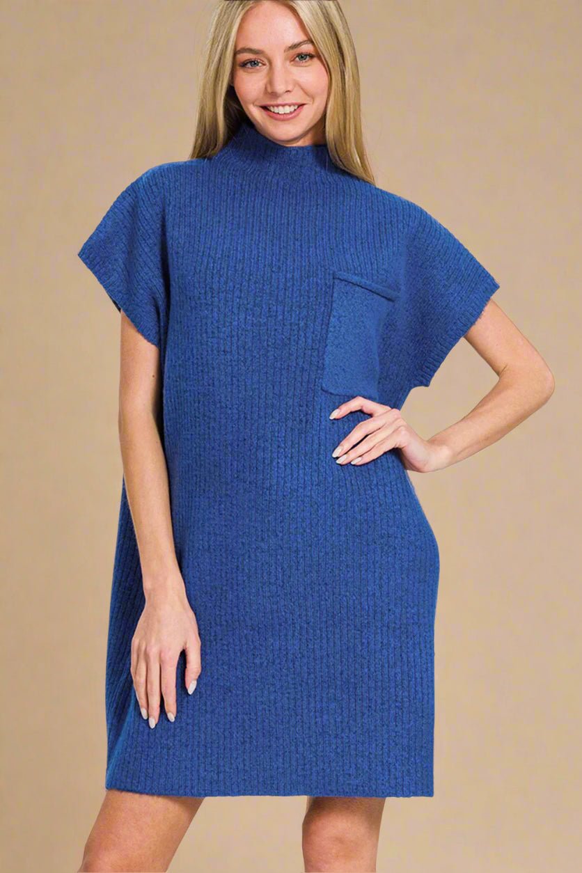 Zenana - Navy Short Sleeve Mini Sweater Dress