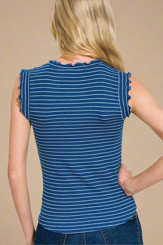 Zenana - Navy & White Striped Ruffle Sleeve Tank Top