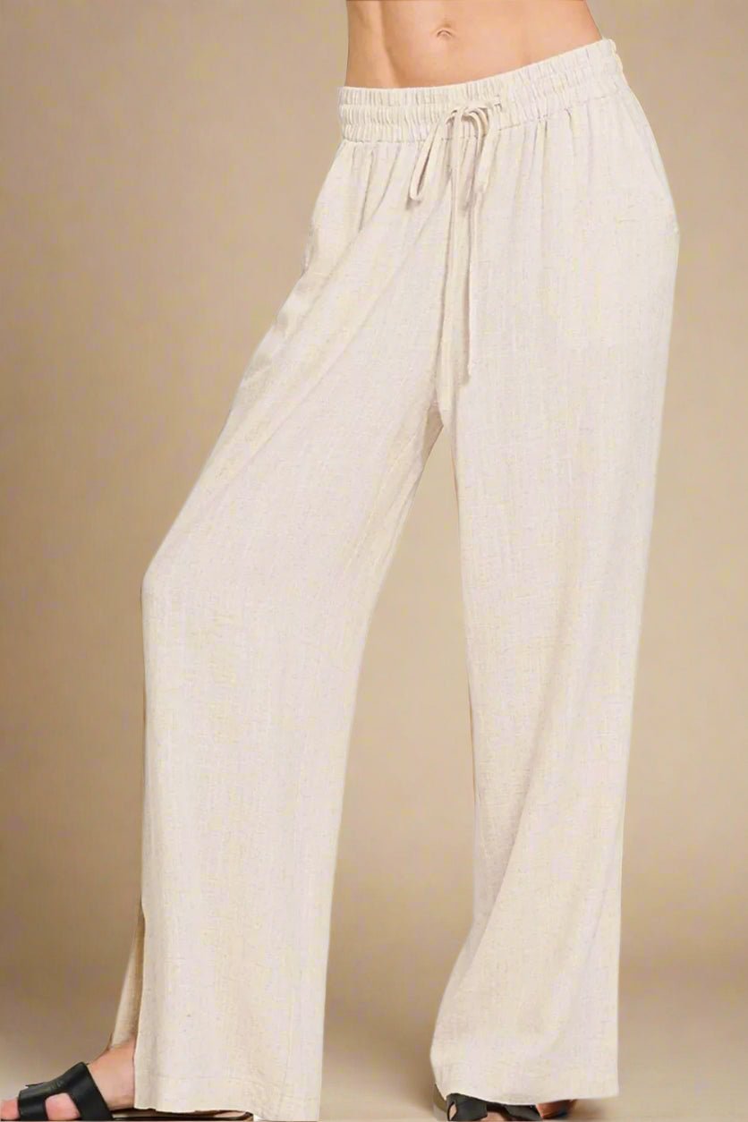 Zenana - Oatmeal Beige Wide Leg Drawstring Pants