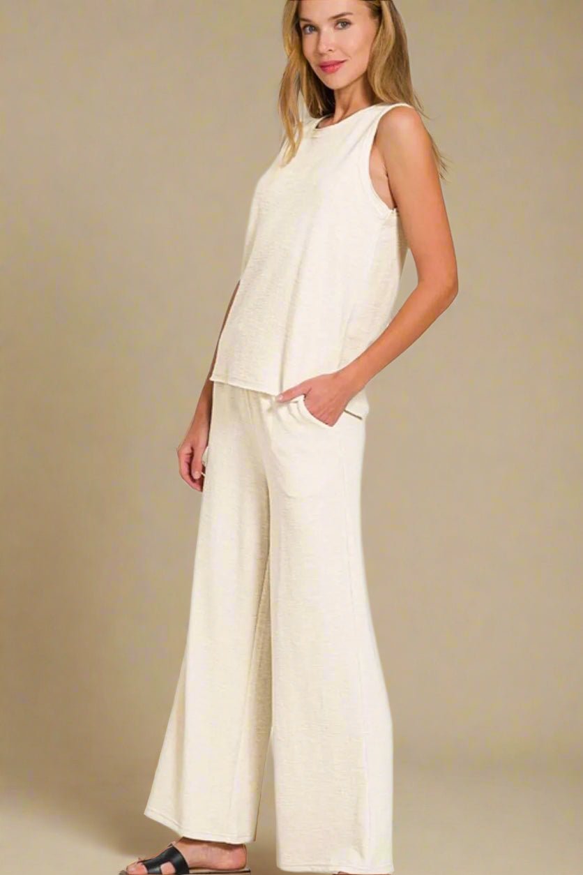 Zenana - Oatmeal Knit Tank & Wide Leg Pant Set