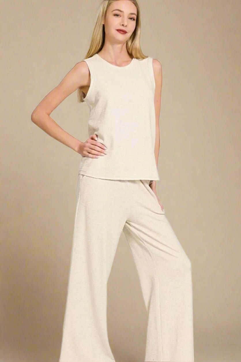 Zenana - Oatmeal Knit Tank & Wide Leg Pant Set