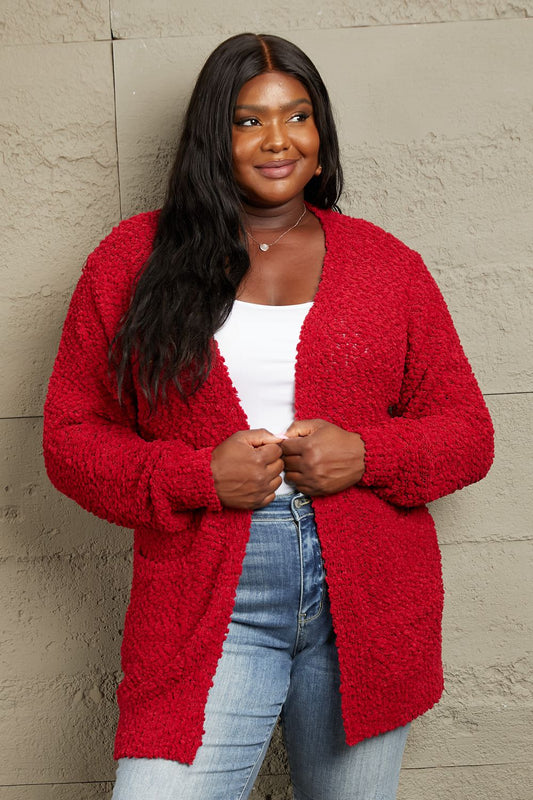 Zenana - Open Front Popcorn Knit Cardigan in Red