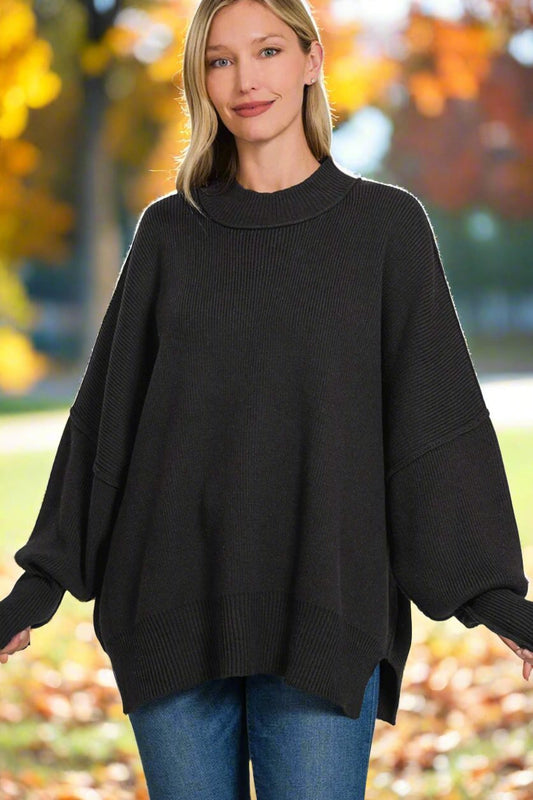 Zenana - Oversized Long Sleeve Tunic Sweater in Black