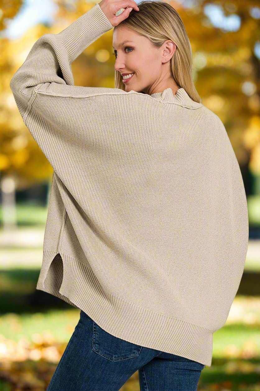 Zenana - Oversized Long Sleeve Tunic Sweater in Heather Beige