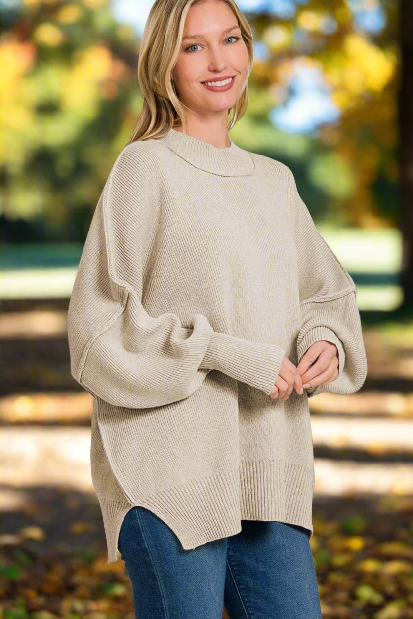 Zenana - Oversized Long Sleeve Tunic Sweater in Heather Beige