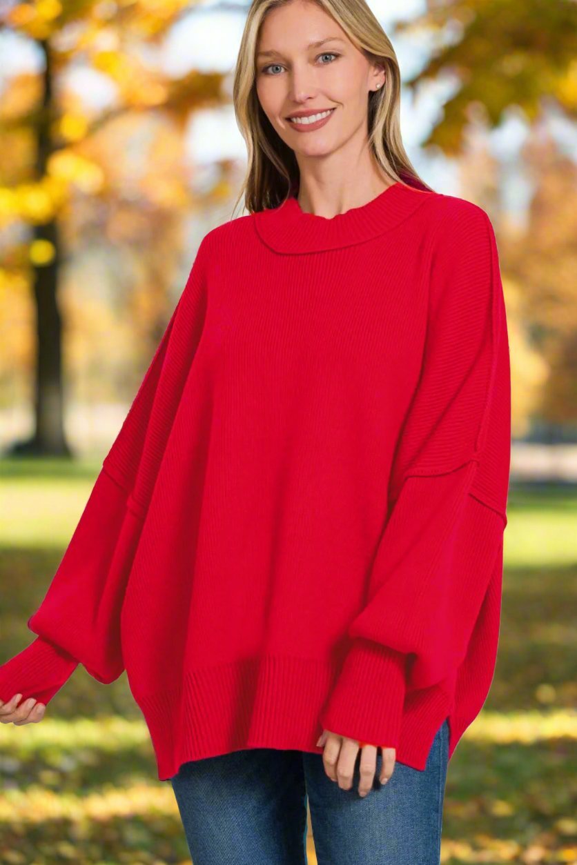 Zenana - Oversized Long Sleeve Tunic Sweater in Ruby