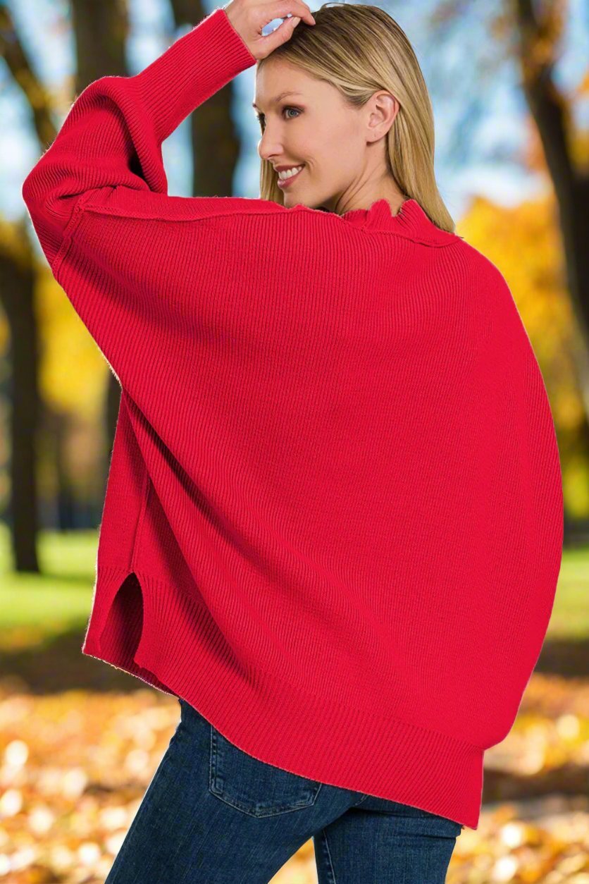 Zenana - Oversized Long Sleeve Tunic Sweater in Ruby