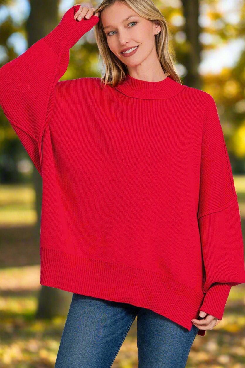 Zenana - Oversized Long Sleeve Tunic Sweater in Ruby