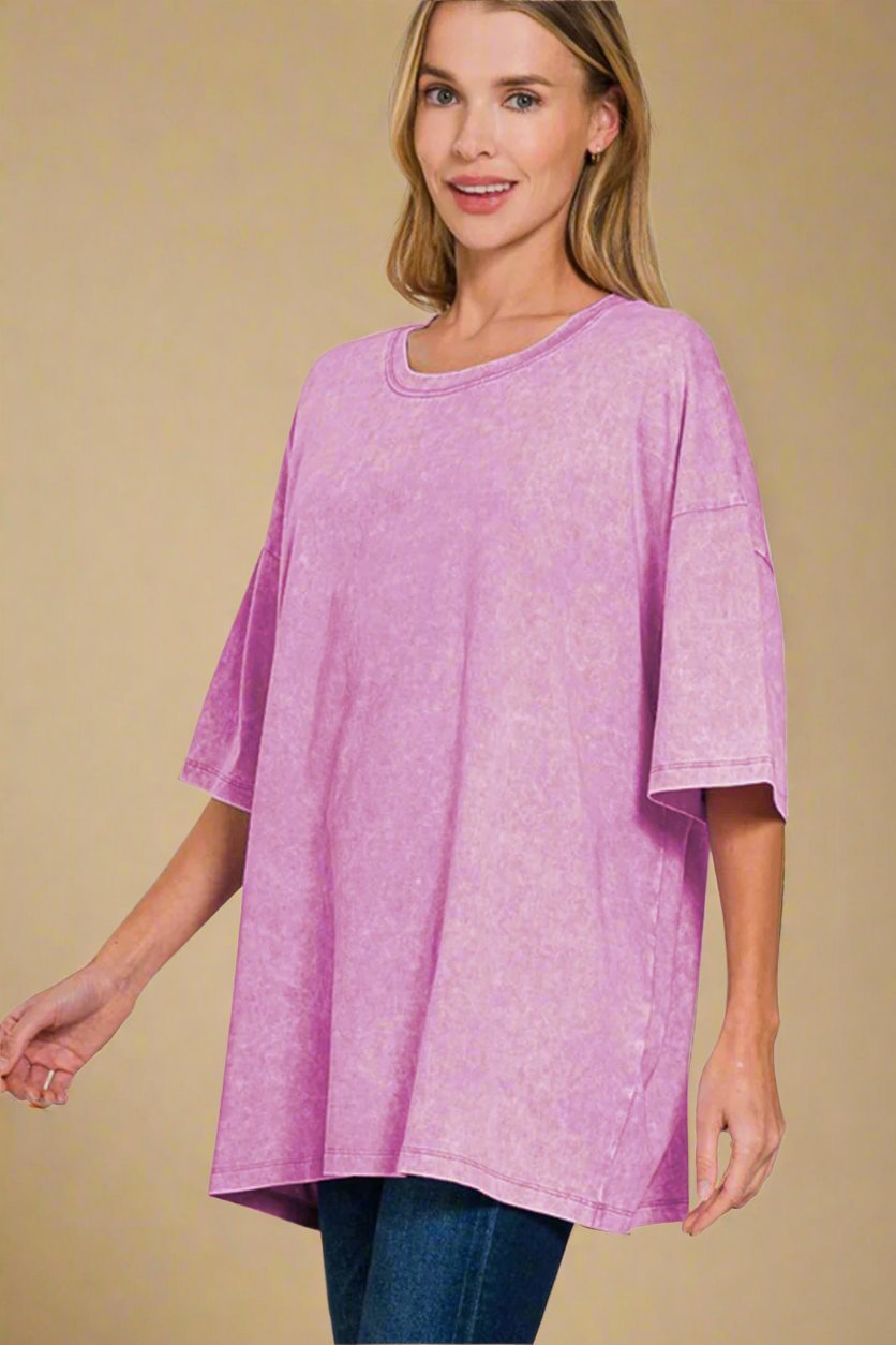 Zenana - Oversized Washed Cotton T-Shirt in Moonlit Mauve