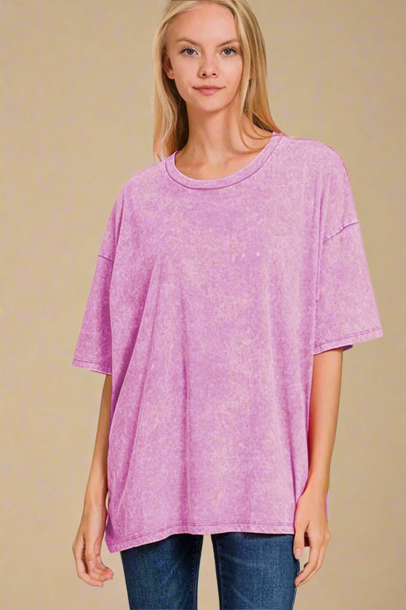 Zenana - Oversized Washed Cotton T-Shirt in Moonlit Mauve