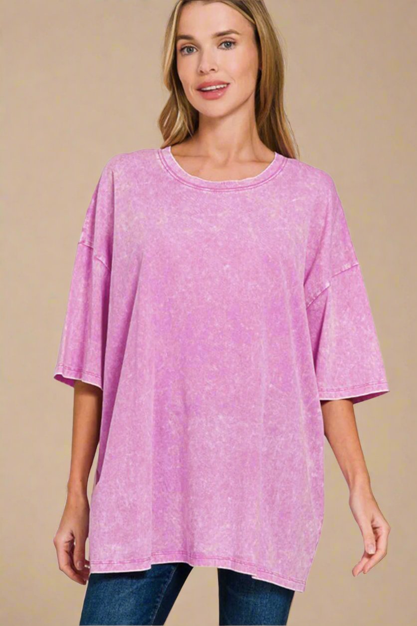 Zenana - Oversized Washed Cotton T-Shirt in Moonlit Mauve