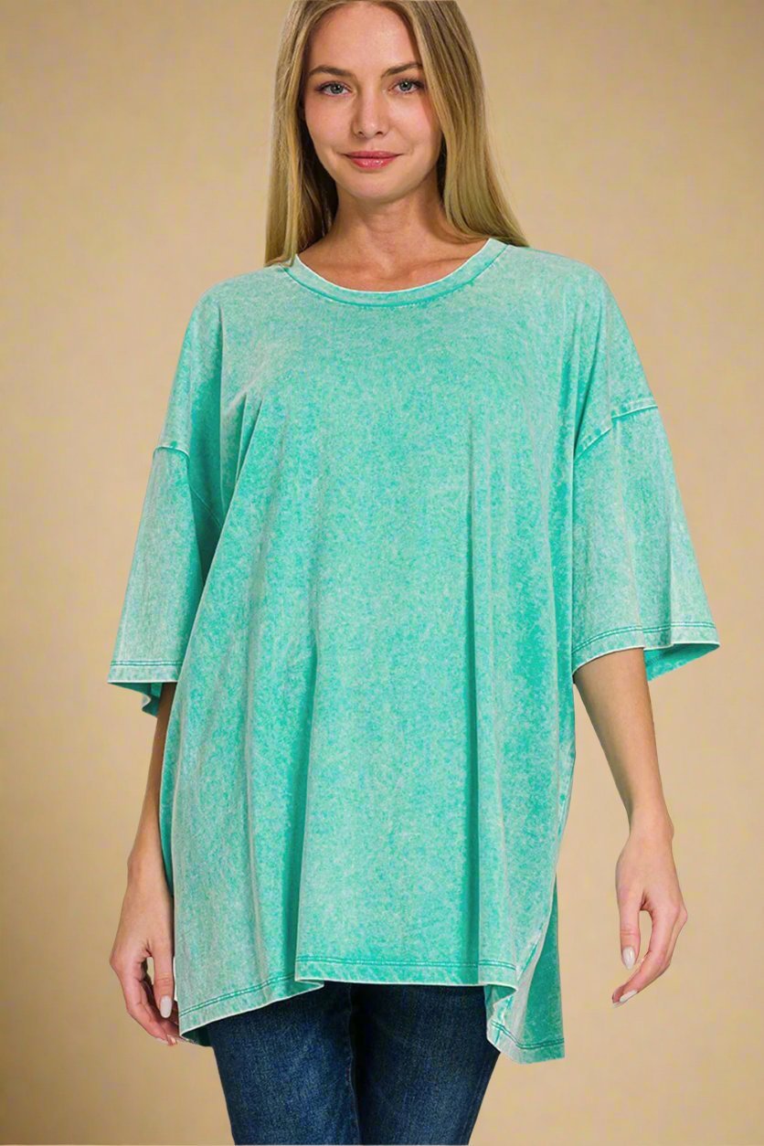 Zenana - Oversized Washed Cotton T-Shirt in Turquoise