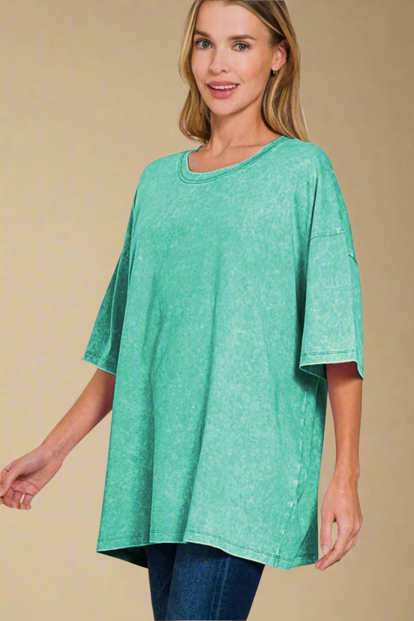 Zenana - Oversized Washed Cotton T-Shirt in Turquoise