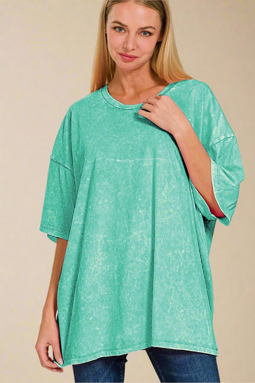 Zenana - Oversized Washed Cotton T-Shirt in Turquoise