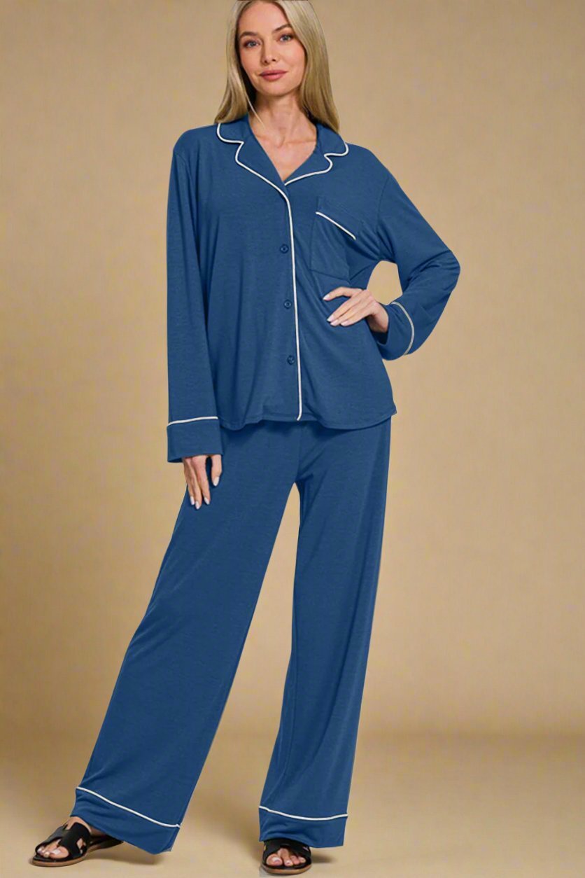 Zenana - Peacock Blue Button Down Long Sleeve Top & Pants Lounge Set